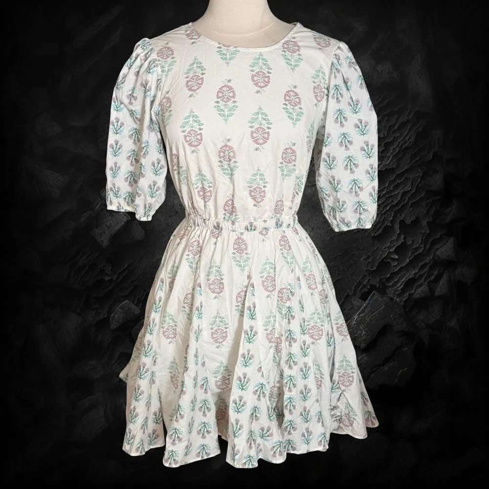 Christian Lacroix Tie Back Mini Dress Size S Lined Fit and Flare Puff‎ Sleeve